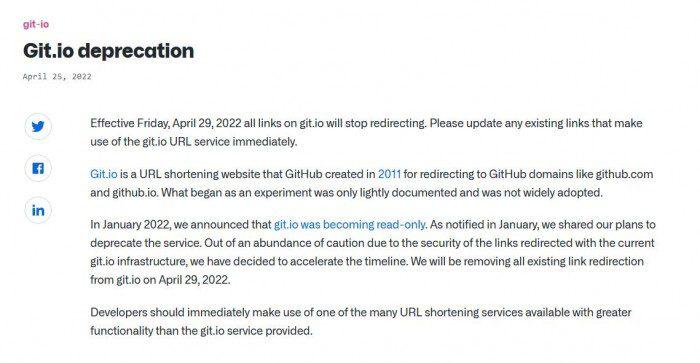 Github宣布本周五短链接服务git.io所有链接停止重定向-微梦云小屋